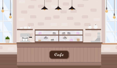 a cafe interior with coffee machine, window and bar counterのイラスト素材