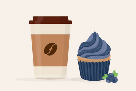 a beautiful blueberry muffin cupcake for the holiday sweet with paper cup of coffeeのイラスト素材