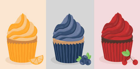 a set of beautiful orange cherry blueberry muffin cupcake for the holiday sweetのイラスト素材