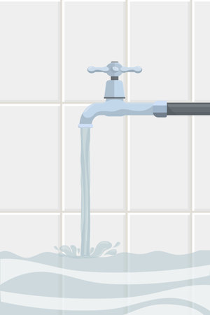 a clean water is poured in a bathtub with tiles on the wall from a water tapのイラスト素材