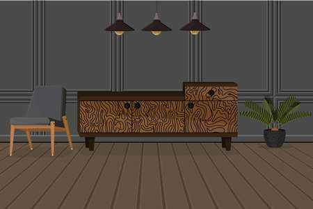 a modern loft style interior with armchair pedestal palm plant and wooden floorのイラスト素材