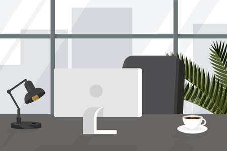 an office interior with a table, an armchair, a monitor and a palm tree with glass and a video of the cityのイラスト素材