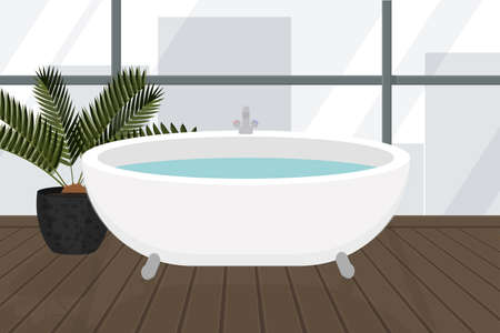 a large bathroom with windows overlooking the cityのイラスト素材
