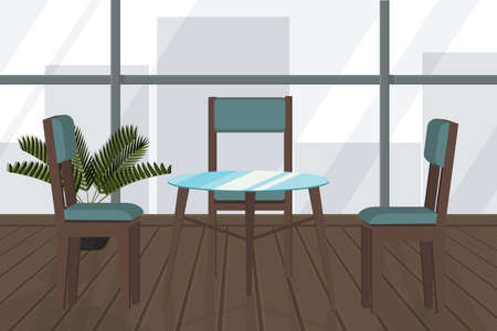 a table and chairs in a cafe with windows and a view of the cityのイラスト素材