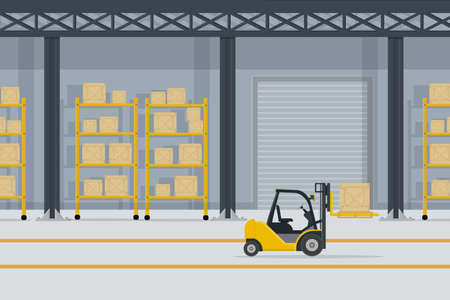 a large warehouse with shelves and boxes for goods and parcels by forklift yellowのイラスト素材