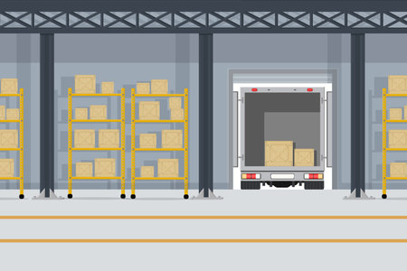 large warehouse with goods for the delivery of boxes of parcels of goods on the shelvesのイラスト素材