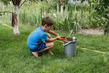 a boy with a watering can in the garden