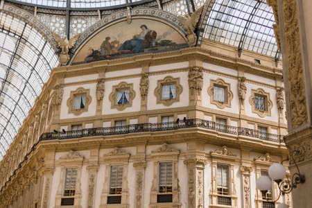 an Architectural detail of the Galleria Vittorio Emanuele II in the city of Milan, Italy's oldest active shopping gallery and a major landmark, located at the Piazza del Duomoのeditorial素材