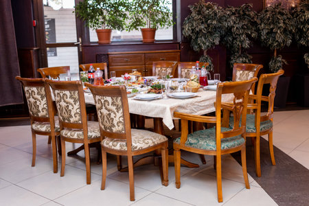 festive banquet table in a restaurant for weddings, jubilees, birthdaysの写真素材