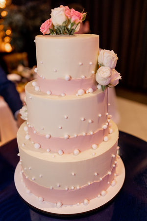a wedding cake in a restaurant on a holidayの写真素材