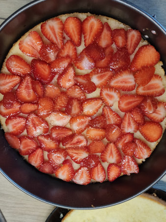 a strawberry birthday cake with white creamの写真素材
