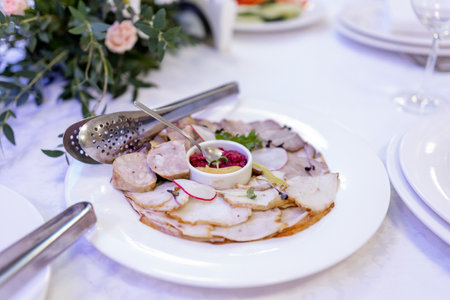 a meat cut on the table in the restaurant for the holidays foodの写真素材