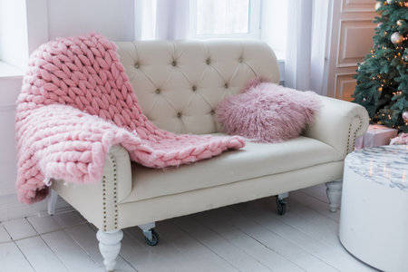a white sofa with pink plaid in the roomの写真素材