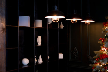 a loft interior with lamps and dark walls and a bookshelfの写真素材