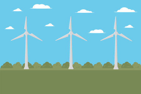 a wind power plant stands in the field of green energy renewable resourceのイラスト素材