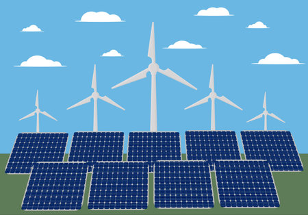 a wind farm and solar panels for energy from the sun stands in the field green energy renewable resourceのイラスト素材