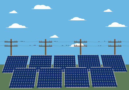 solar panels power plant for the energy of the sun stands in the field green energy renewable resourceのイラスト素材