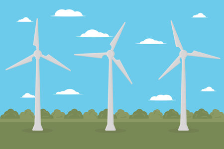 a wind power plant stands in the field of green energy renewable resourceのイラスト素材