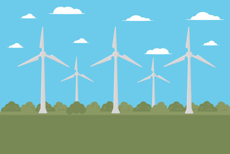 a wind power plant stands in the field of green energy renewable resourceのイラスト素材