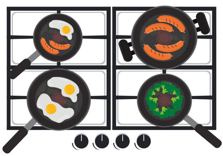 a scrambled eggs with sausages and broccoli on a gas stove healthy breakfast at homeのイラスト素材