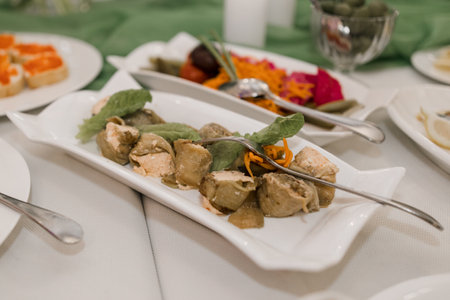 delicious snack on a festive table in a restaurantの写真素材