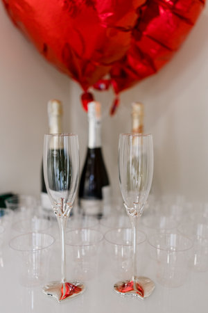 a champagne glasses on the festive tableの写真素材