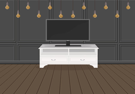 a classic light-colored wooden chest of drawers with a large TV set in a dark interior, vector illustrationのイラスト素材