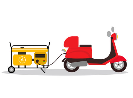 red electric scooter is charged from a diesel generatorのイラスト素材
