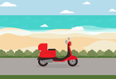 a red scooter driving on asphalt road next to sandy beach and sea vector backgroundのイラスト素材