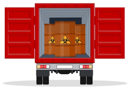 truck carries dangerous chemicals in barrels labeled radioactiveのイラスト素材