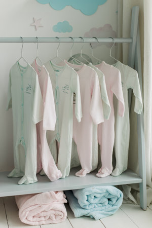 a children's clothes on hangers in the children's closetの写真素材