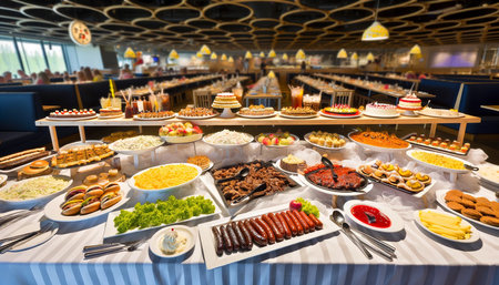 table with a variety of delicious snacks and food from different cuisines of the worldの素材