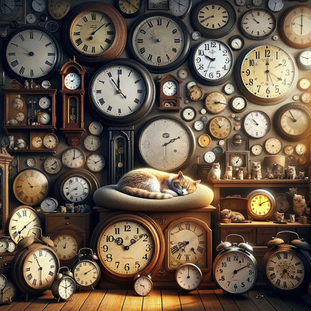 A cat sleeps on clocks inside an antique clock shopの素材