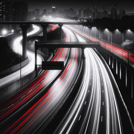 White and red traces from car headlights on the highwayの素材