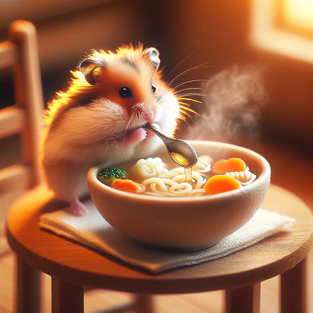 cute hamster eats hot noodles from a spoonの素材