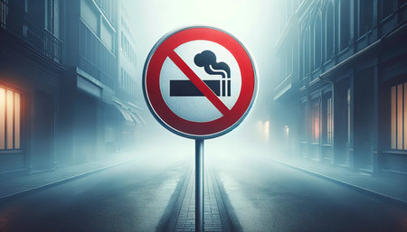 Do not smoke sign standing on the background of a foggy streetの素材