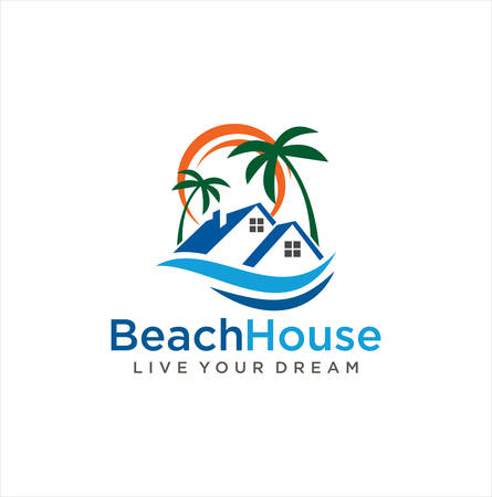 marine property Logo Design Illustration . Beach House Logo Design, Beach Real Estate Logo, Beach Resort, Village Logo, Beach Hotel Logoのイラスト素材