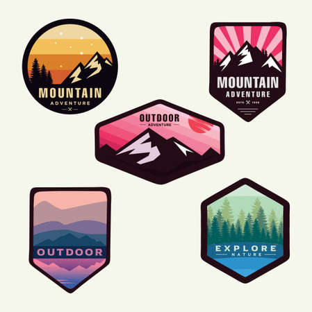 Set Of Mountain Logo Outdoor Adventure, Badges, Banners, Emblem For Mountain, Hiking, Camping, Expedition And Outdoor Adventure. Exploring Nature.のイラスト素材