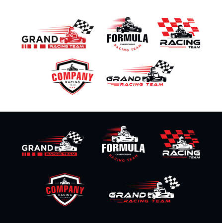 Set of Karting race symbol logo emblem template vector image . Go kart logo Vector . Kart driver sport logo icon.Man drive kart in helmet background designのイラスト素材