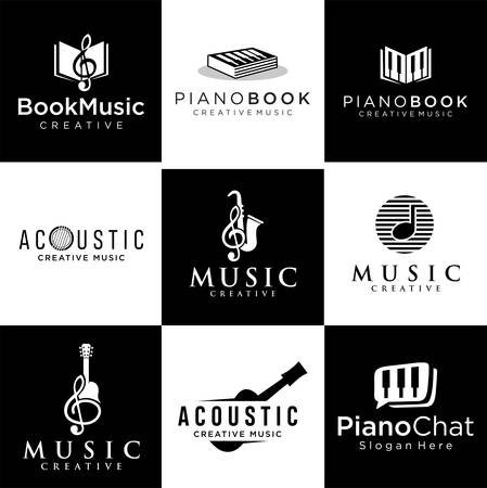 Set of music logo silhouette with a black and white background . Collection of music logos, Audio logo templateのイラスト素材