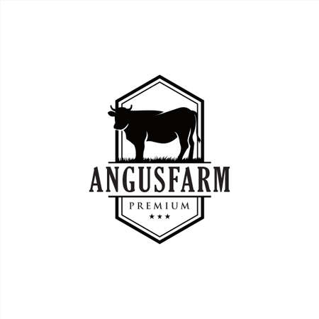 Retro Vintage Cattle Angus Beef Emblem Label logo design vector, Angus Cow Logo, Cattle Farm Logo Angus Cow Farm, beef cattle ,Aberdeen Angus, Cow Logo Vintageのイラスト素材