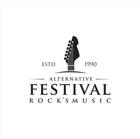 Guitar logo Design Vector Stock Illustration . Guitar Shop Logo . Rock music festival logo Vintage Hipster Retro , Rock n Roll Logo Designのイラスト素材
