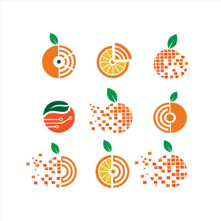 Set Of Orange Tech logo, fresh, fruit, nutrition, health nature set icon symbol vector design.のイラスト素材