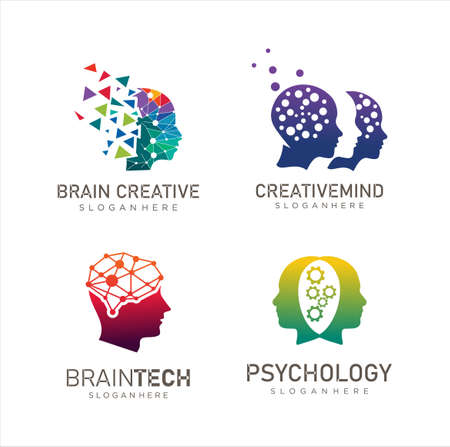 Set of Head Tech logo, Pixel Head logo concept vector, Robotic Technology Logo template designs illustrationのイラスト素材