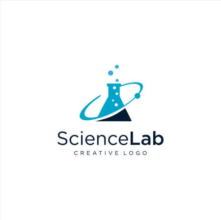 Lab Science Atom Logo Icon Design. Laboratory bottle science logo Template. Laboratory chemical medical test logo Design Vector Stockのイラスト素材