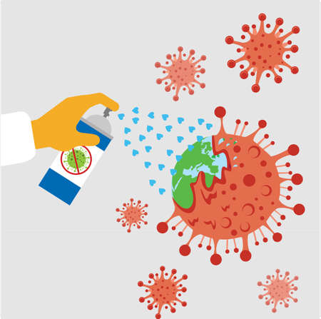 disinfection spraying worker to eradicate corona virus covid 19 Vector Illustration .people Fight, Defeat, Protect virus concept. corona viruses vaccine concept. end of 2019-ncovのイラスト素材