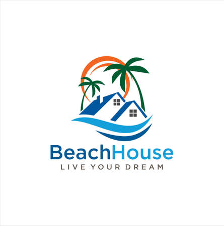 marine property Logo Design Illustration . Beach House Logo Design, Beach Real Estate Logo, Beach Resort, Village Logo, Beach Hotel Logoのイラスト素材
