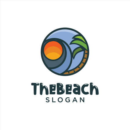 Sun Beach Logo Design Vector. Beach landscape Palm Tree Logo Design Nature. Holiday Logo Design Badge Concept.のイラスト素材