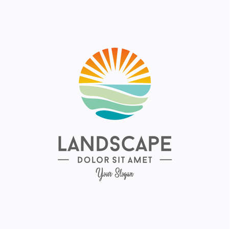 Sunset beach logo Landscape design Template Vector illustration. summer Wave sun Logo Sign Design Icon. ocean , tropical And Sea Sun Logo Element. sunset and sunrise concept symbolのイラスト素材