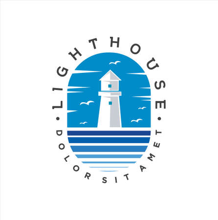 Lighthouse logo icon Design Vector Illustration. Beacon logo design template. Light houses and ocean waves. Coastal beach logo design template.のイラスト素材